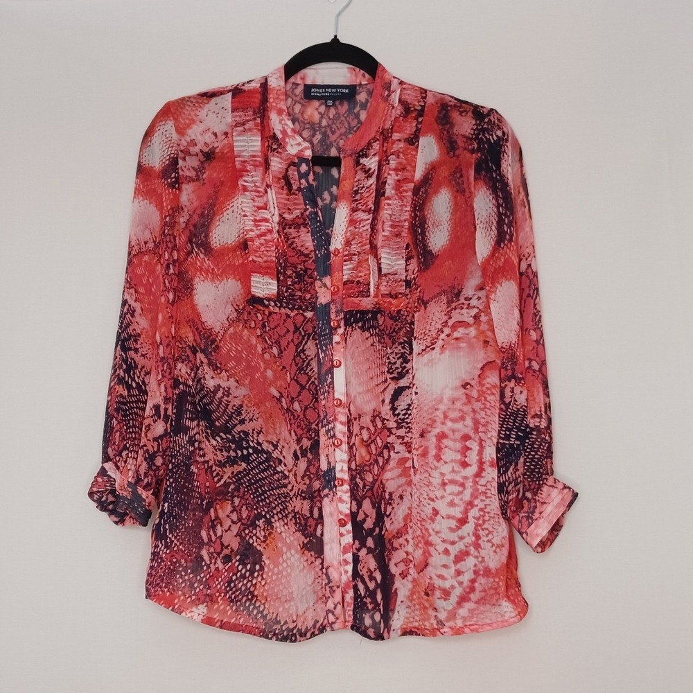 Women's Jones NY Button Up‎ V-Neck Sheer Red Lightweight Snake Print Top Size PM